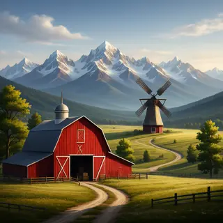 A landscape with a red barn in the foreground at large scale
