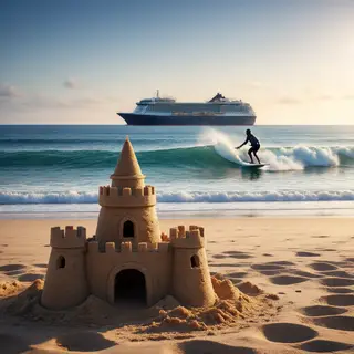 A beach scene with a sandcastle in the foreground, a surfer 