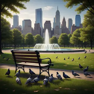 A city park with a park bench and pigeons in the foreground,