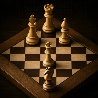 Five chess pieces on a board: a king in the center, a queen 