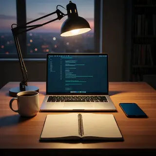 A desk scene: laptop in the center, coffee mug to the left, 