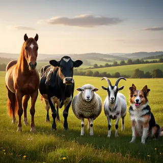 Five animals in a field: a horse on the far left, a cow to t
