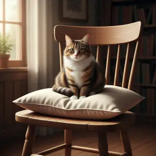 A cat sitting on a pillow, the pillow placed on a wooden cha