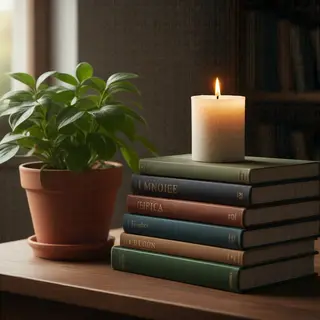 A candle on top of a stack of books, the books next to a pot