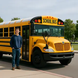A person standing next to a yellow school bus, showing reali