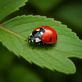 A ladybug sitting on a large green leaf, shown at realistic 
