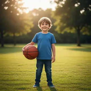 A child holding a basketball, both at correct relative sizes