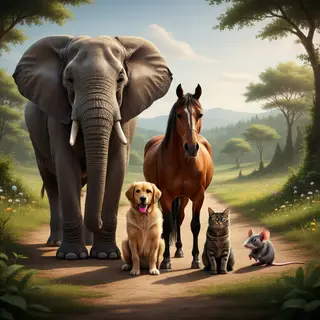 A group photo of an elephant, a horse, a dog, a cat, and a m