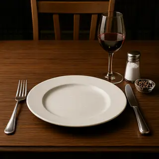 A dinner table scene with a plate, fork, knife, wine glass, 