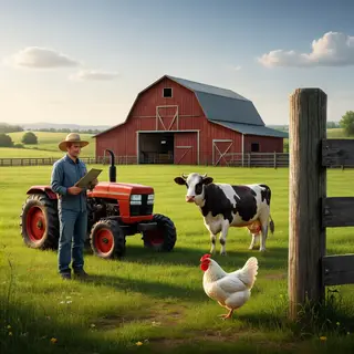 A farm scene with a barn, tractor, farmer, cow, chicken, and