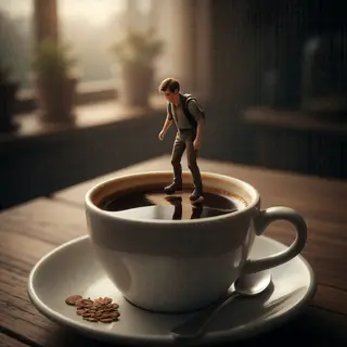 A tiny person standing on the rim of a coffee cup, looking d