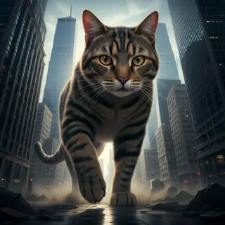 A giant tabby cat walking between city skyscrapers like a ka