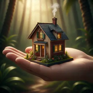 A miniature house sitting on the palm of someone's hand