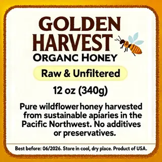 A product label for 'GOLDEN HARVEST ORGANIC HONEY' with subt