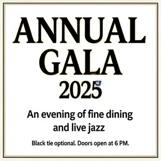 An event banner with headline 'ANNUAL GALA 2025' at the top 