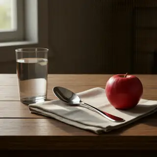 A still life on a wooden table featuring a clear glass of wa