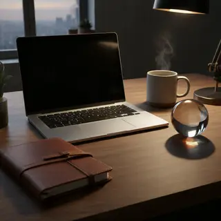 A workspace desk with a brushed aluminum laptop, a leather-b