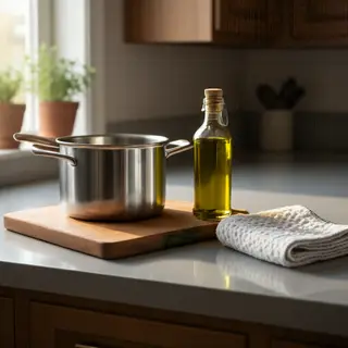 A kitchen counter with a stainless steel pot, a wooden cutti
