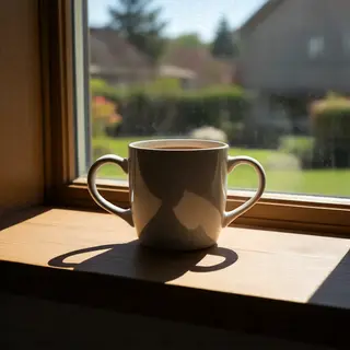 A coffee mug on a sunny windowsill casting a sharp shadow to