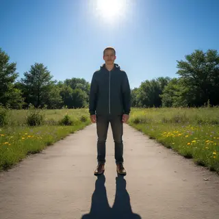 A person standing outdoors at midday with a short shadow dir