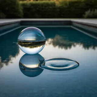 A clear glass sphere sitting on a mirror surface near a pool