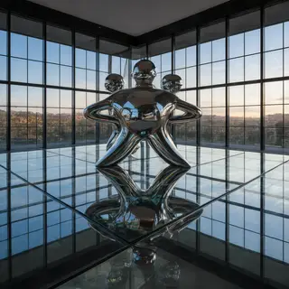 A chrome sculpture in a room with a glass floor and large wi