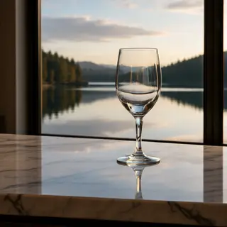 A crystal wine glass on a polished marble counter next to a 