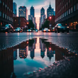 A city skyline reflected in a rain puddle on a street, with 