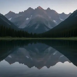 A mountain range reflected in a still alpine lake, with the 