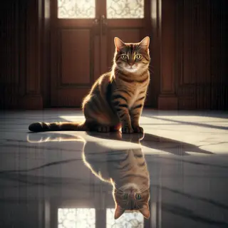 A cat sitting on a polished marble floor with its reflection