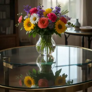 A vase of flowers on a glass table with a clear reflection v
