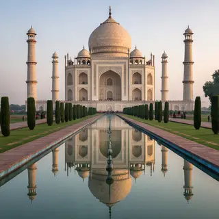 The Taj Mahal in Agra seen from the reflecting pool, with ac