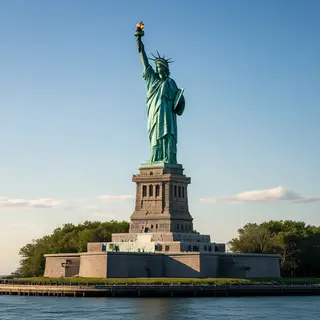 The Statue of Liberty on her island pedestal, with correct t