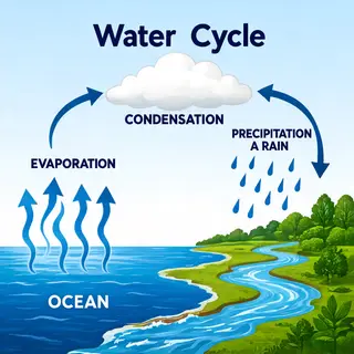 A detailed diagram of the water cycle showing evaporation fr