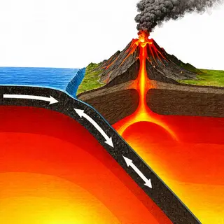 A cross-section showing tectonic plates at a convergent boun