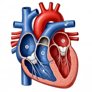 An anatomical illustration of the human heart showing four c