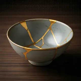 A Japanese kintsugi bowl — cracked ceramic repaired with vis