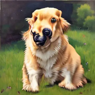 A golden retriever sitting in a garden, painted in the style