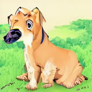 A golden retriever sitting in a garden, rendered in Japanese