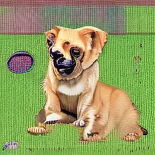 A golden retriever sitting in a garden, rendered in pixel ar