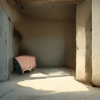 An interior scene rendered in soft brutalism — raw concrete 