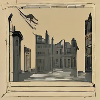 A city street scene in the style of Art Deco — geometric sha