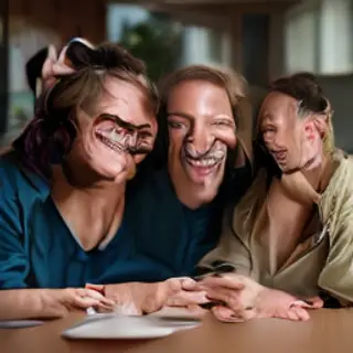 A group of three friends at a table: one laughing with head 