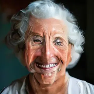 An elderly woman in her 80s with deep wrinkles and white hai