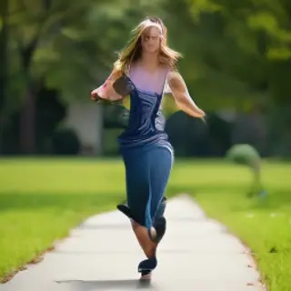 A woman mid-stride running through a park, hair and clothes 