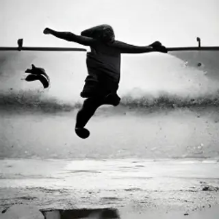 A man captured mid-jump over a puddle, body in the air with 