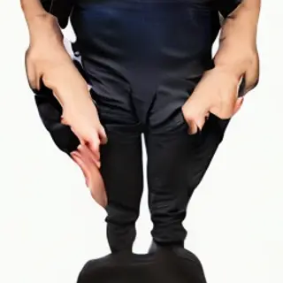 A person standing with both hands visible at their sides, fi