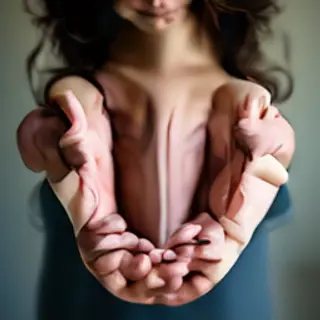 A woman holding her hands out in front of her palms-up, all 