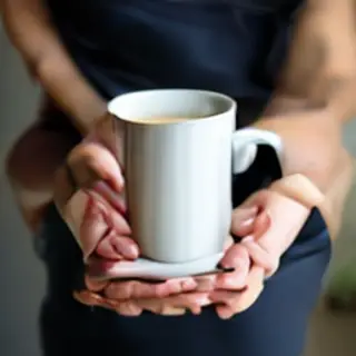 A person holding a white ceramic coffee mug by the handle wi