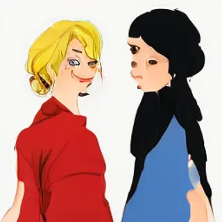 Two women standing side by side: one with short blonde hair 